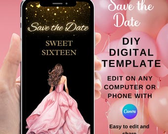 Rosa spara datumet-inbjudan redigerbar, digital Sweet Sixteen, Sweet 16-inbjudan, Quinceanera spara datumet-mall, Sweet 15-födelsedag