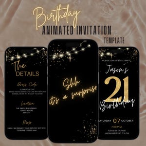 Puede incluir: Una plantilla de invitación de cumpleaños animada en negro y dorado para una fiesta de cumpleaños número 21. La invitación presenta una pantalla de teléfono con fondo negro y texto y gráficos dorados. El texto incluye "Jason's 21st Birthday", "Shh it's a surprise" y "The Details".
