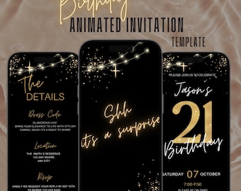 21th Surprise Birthday Invitation for Men Shhh its a Surprise 21th Birthday Invite for him, 21 Party Invitation Digital Animated Video Evite
