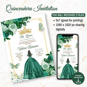 Emerald Green quinceanera invitation, Floral green gold & butterfly quinceanera, 15Th Party Mexican Mis Quince, Spanish 15th birthday