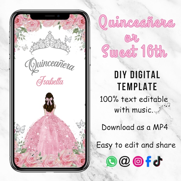 Blush Pink silver Princess Video Quinceañera Invitation, 16th, Mis Quince 15 Anos, EDITABLE Tiara Rose 15th Birthday Party, Invite Template