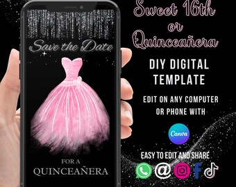 Pink Blush Save the Date Sweet 16, Quinceañera Invitation, Prom Editable Video invite ,16th Invite, XV Save the Date, 15th Birthday invitation