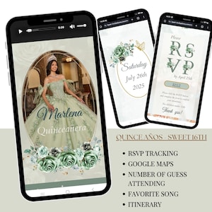 Green Sage Quinceañera Digital Invitation & Rsvp Tracking, Quinceañera Video Invite, Digital RSVP, 15th Birthday Party Invite, Sweet 16th