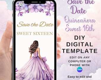 Lilac & Gold Floral Quinceanera Invitation, Purple Butterfly Sweet 16 Invite for Once Upon a Time Lavender Princess Quince Save the Date