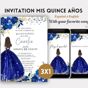 Royal Blue & Gold Floral Quinceanera Invitation, Elegant Royal Blue Floral Printable Quinceanera Invitation, 15Th Birthday, Video invitation