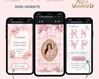 Quinceanera Alice in Wonderland Invitation pink floral & Rsvp Tracking, Quinceañera Video Invitation, Digital RSVP, Rsvp Form, 15Th Birthday