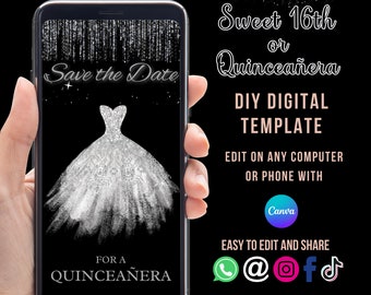 Silverfärgad "Save the date"-inbjudan till 16-årsdag, Quinceañera-inbjudan, redigerbar videoinbjudan för balen, 16-årsinbjudan, XV "Save the date"-inbjudan, 15-årsdagsinbjudan