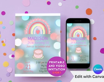 Rainbow Birthday Invitation, Pastel Rainbow Party Invite, Electronic Birthday Invite, Mobile Phone,Text Party Email Evite, Girl invitation
