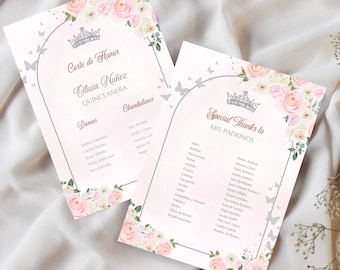 Silver and Pink Quinceañera Mis Padrinos List, EDITABLE Princess Tiara Template, Mis Quince Anos 15th Birthday Instant Download,