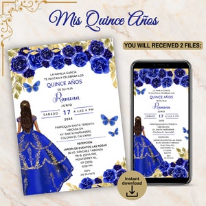 Royal Blue Floral Butterflies Quinceanera Invitation, 15th video Mexican Evita, EDITABLE TEMPLATE Mis Quince, 15Th Birthday, Charro Invite