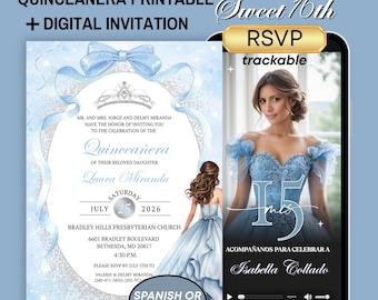 Coquette baby blue Quinceanera Invitation & Rsvp Tracking, Printed blue bow invitation, Celeste Sweet 16 Invite, Rsvp Form, 15Th mexican