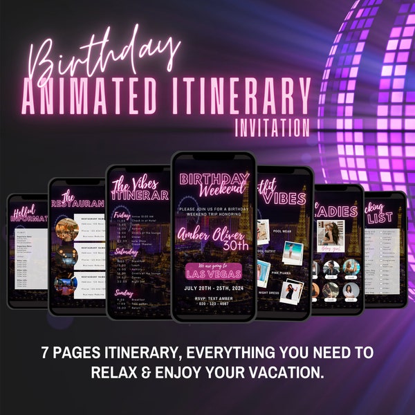 Digital Birthday Weekend Invitation, Animated Travel Itinerary, Girls Pink Las Vegas Vacation Schedule Trip Evite, Editable Planner Template