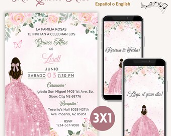 Blozen roze bloemen quinceanera uitnodiging, roze bloemen Quinceañera, pastel roze Save the date uitnodigen quinceañera, Quinceañera uitnodiging
