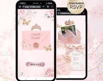 Quinceanera invitation pink and gold Coquette Bow, Royal pink Quinceañera, Sweet 16 Website Invitation, Trackable RSVP, Music & Countdown