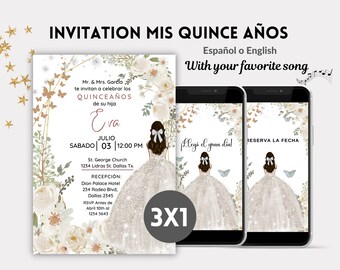 Elegant Quinceañera Invitation Silver Floral with butterflies, Invitation Quinceanera SAVE THE DATE, Quinceanera Invitations in English