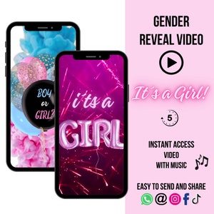 GIRL Téléchargement instantané Gender Reveal Video card annonce numérique vidéo | Email Texte Médias Sociaux Ballon Compte À Rebours Fumée
