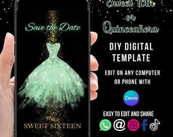 Aqua teal Quinceañera Invitation, Save The Date Sweet 16 Editable Video,16th Invite, Quinceanera Save the Date, 15th Birthday invite
