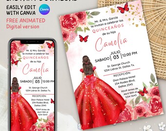 Red Gold Floral Quinceañera Invitation, EDITABLE TEMPLATE, Mis Quince 15 Anos, Invitacion digital quinceanera, INSTANT Download