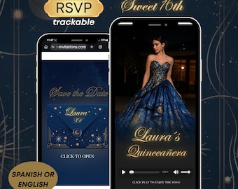 Under the Stars Quinceañera Invitation, Royal Navy Blue and Gold Quinceañera Digital Sweet 16, Quinceañera Video Invitation, Digital RSVP