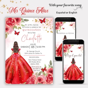 Quinceañera Invitation Red and Gold Floral with butterflies, Quinceanera SAVE THE DATE, Quinceanera Red Invitation in Spanish or English