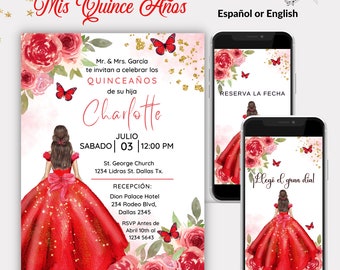 Quinceañera Einladung Rot und Gold Blumenmuster mit Schmetterlingen, Quinceanera SAVE THE DATE, Quinceanera Rote Einladung auf Spanisch oder Englisch