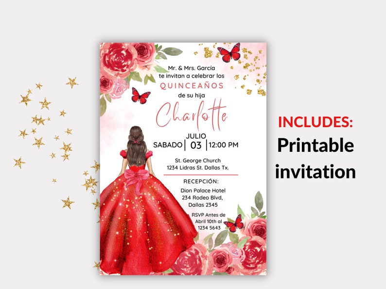 Quinceañera Invitation Red and Gold Floral With Butterflies