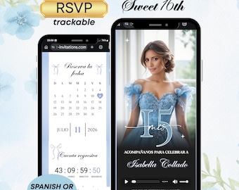 Quinceanera dusty baby blue Coquette Bow Invitation & Rsvp Tracking, Invite Digital Sweet 16, Quinceañera Video Invitation, Digital RSVP