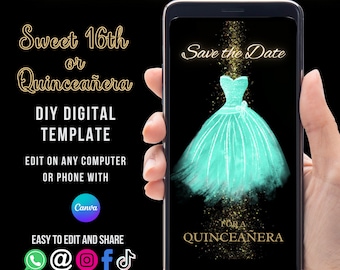 Teal Aqua Save the Date Sweet 16, Quinceañera Invitation, Prom Editable Video invite ,16th Invite, XV Save the Date, 15th Birthday invitation