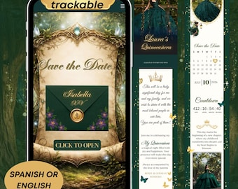 Enchanted forest Emerald Green quinceanera RSVP Website, Sweet 16 invitation, Birthday Invite Quinceañera, Clickable RSVP, sweet 16