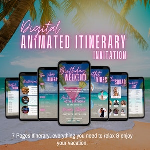Puede incluir: Una invitación digital para un fin de semana de cumpleaños número 40 en Miami, Florida. La invitación presenta un diseño tropical rosa y azul con una copa de cóctel y el texto "Birthday Weekend". La invitación también incluye una lista de actividades y eventos para el fin de semana, que incluyen una lista de empaque, sugerencias de atuendos y una guía de restaurantes.