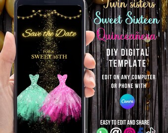 Twins Quinceañera uitnodiging, bewaar de datum, Sweet 16 bewerkbare video, 16e uitnodiging, Quinceanera bewaar de datum, 15e verjaardag