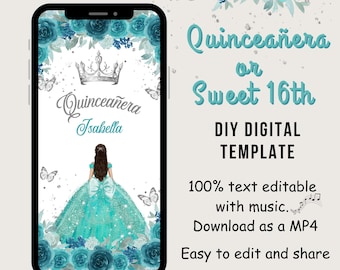 Aqua, teal zilveren Princess Video Quinceañera-uitnodiging, 16e, Mi Quince 15 Anos, BEWERKBARE Tiara teal 15e verjaardagsfeestje, Uitnodigingssjabloon