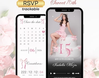 Quinceanera pink Coquette Bow Invitation & Rsvp Tracking, Invite Digital Sweet 16, Quinceañera Video Invitation, Digital RSVP, Rsvp Form