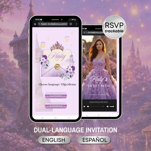 Puede incluir: Dos pantallas de smartphone que muestran una invitación digital para una fiesta de 16 años. La pantalla izquierda muestra un sobre morado con una corona y el nombre Kaity, con opciones de idioma. La derecha muestra a una persona con un vestido morado.