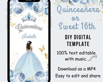 Dusty Blue and Gold Princess Video Quinceañera Invitation,16th, Mis Quince 15 Anos, EDITABLE Tiara Baby Blue 15th Birthday Party, Invite