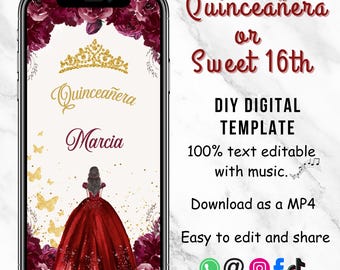 Burgundy Red Quinceañera Invitation, Save The Date Sweet 16th, Mis Quince 15 Anos, EDITABLE Tiara Rose 15th Birthday Party, Invite Template