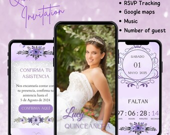 May include: A purple and silver digital invitation for a Quinceañera. The invitation features a photo of a young woman in a white dress, a countdown timer, and the text "Confirma tu asistencia" (Confirm your attendance).