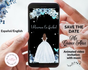 Quinceanera invitation Blue Silver rose with butterflies, Save the date quinceanera invitation, Video quince invitation, sweet 16 invitation