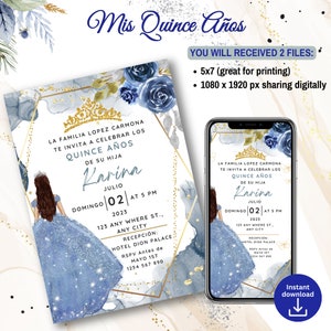 Blue and Gold Quinceañera Invitation, 15Th Birthday, Mis Quince Anos, Mis Xv, 15 phone invite-electronic invitation, Quinceañera Spanish