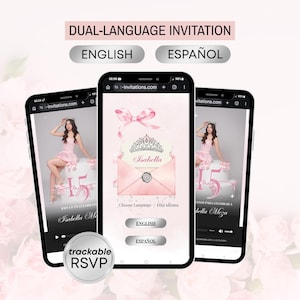 Digital inbjudan och OSA-spårning till rosa Quinceanera-festen, digital inbjudan till Törnrosa, videoinbjudan till Quinceañera bild 1
