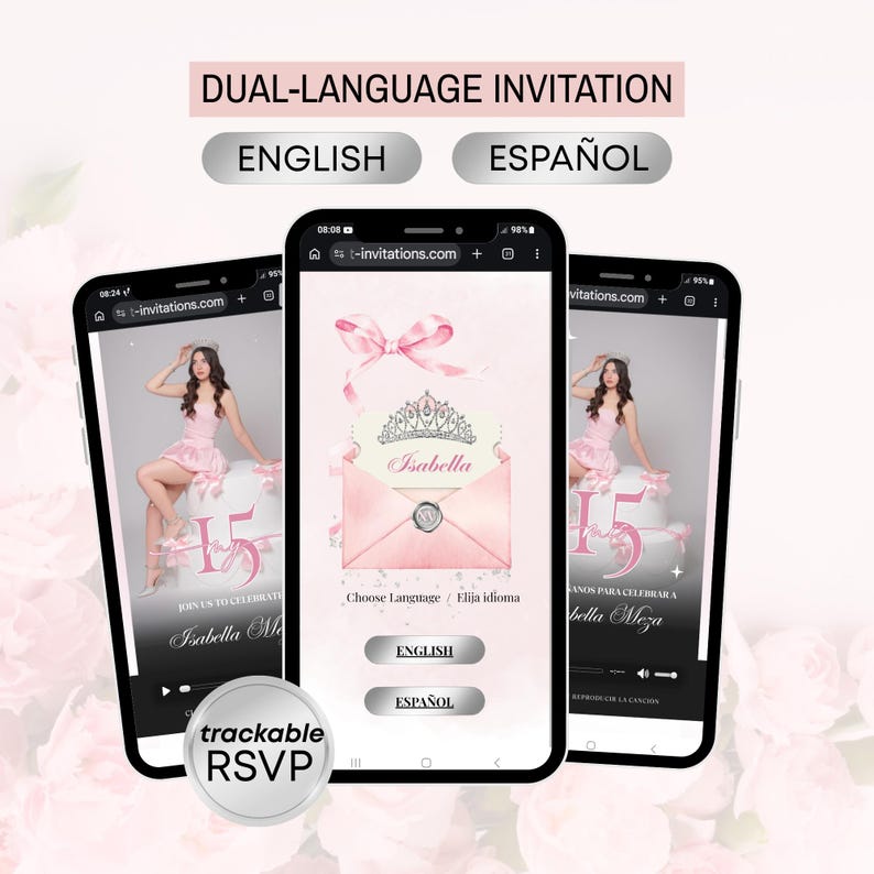 Digital inbjudan och OSA-spårning till rosa Quinceanera-festen, digital inbjudan till Törnrosa, videoinbjudan till Quinceañera bild 1