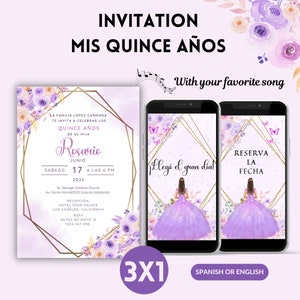 Lilac butterflies floral quinceanera invitation, Personalized lilac floral quinceanera invitation, Video invitation quinceañera, Mis quince