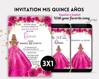 Hot Pink Floral Quinceanera Invitation with butterflies, Pink Mexican floral Quinceanera Invitation, Personalized Quinceanera invitation