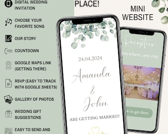 Modern Minimalist Greenery Wedding Website, Electronic rsvp, RSVP Wedding Mini Website Hyperlinked, Digital Wedding Invitation, itinerary