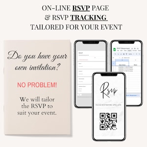 Puede incluir: Una maqueta digital de la pantalla de un teléfono móvil que muestra una página RSVP con un código QR y el texto "RSVP" y "PLEASE RSVP BEFORE APRIL 10TH".