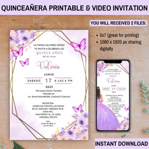 Lavender Quinceañera Invitation, Purple butterfly Quinceañera invitation EDITABLE TEMPLATE, Mis Quince 15, Invitacion digital quinceanera,