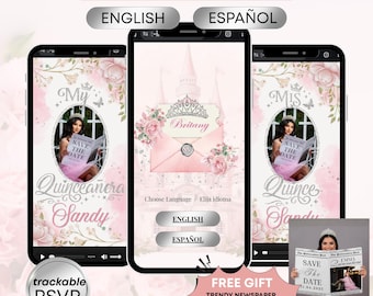 Magazine 15, Quinceanera pink Invitation & Rsvp Tracking, Sleeping beauty Invite Digital Sweet 16, Quinceañera Video Invitation, Digital