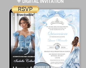 Coquette baby blue Quinceanera Invitation & Rsvp Tracking, Printed blue bow invitation, Celeste Sweet 16 Invite, Rsvp Form, 15Th mexican