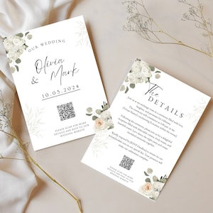 Puede incluir: Una invitación de boda con un diseño floral. La invitación incluye los nombres de la pareja, Olivia y Mark, y la fecha de la boda, 10.05.2024. Se incluye un código QR para que los invitados puedan escanear para obtener más detalles y RSVP.