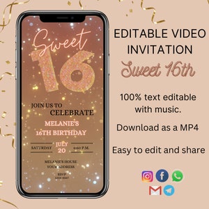 Sweet 16th Invitation, Editable Sweet Sixteen Birthday invite, Rose gold Electronic Phone Text Evite, Digital Invite, sweet sixteen evite